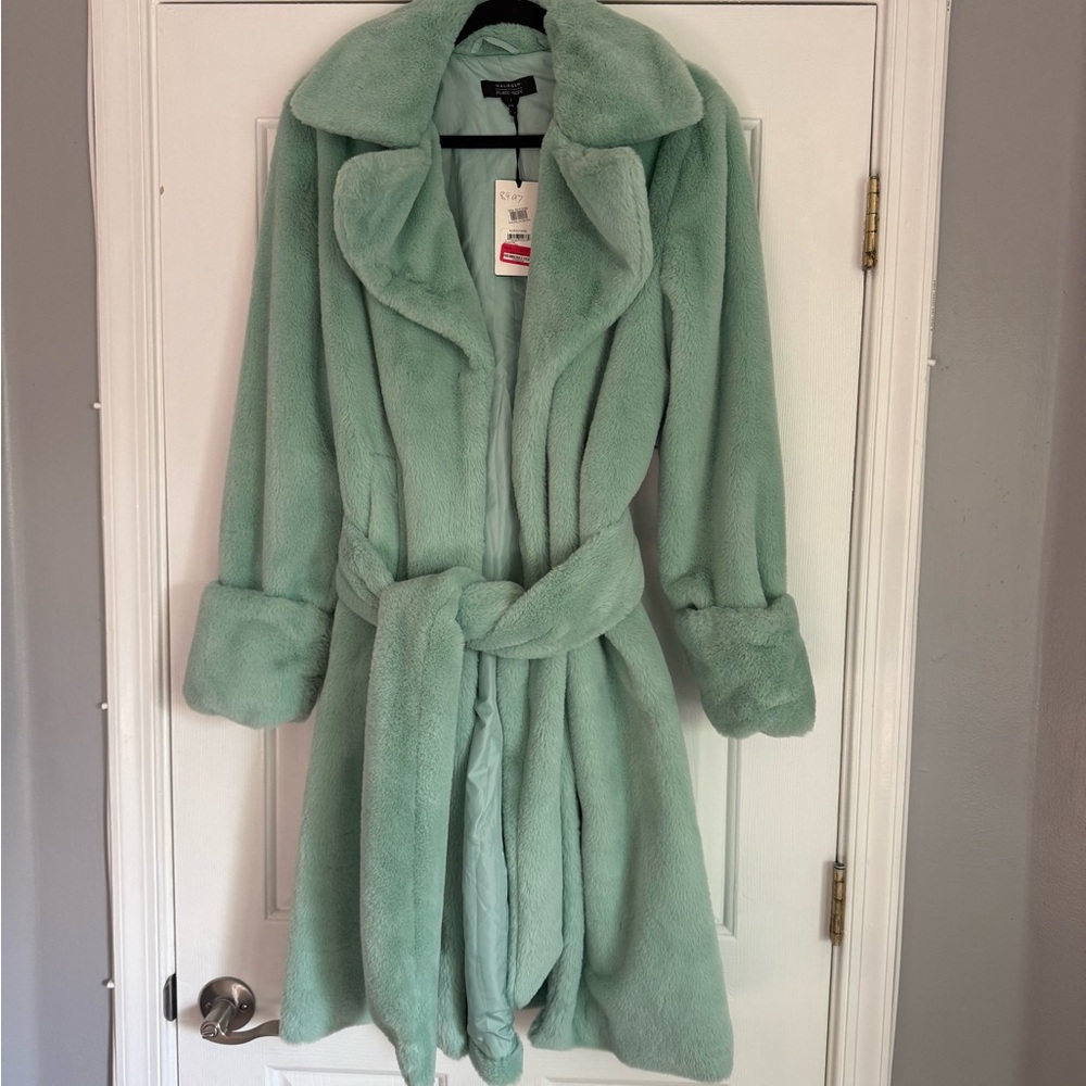 Aqua Faux Fur Belted Coat - HALOGEN
